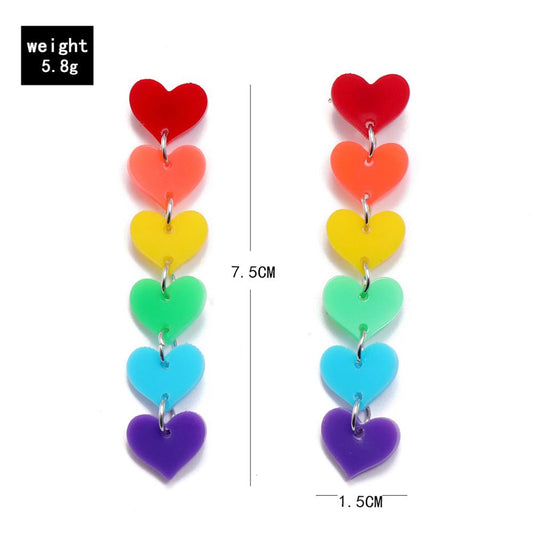 Colorful Rainbow Hearts Dangle Earrings Pride Gay Acrylic Fringed Love