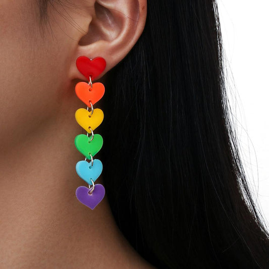 Colorful Rainbow Hearts Dangle Earrings Pride Gay Acrylic Fringed Love